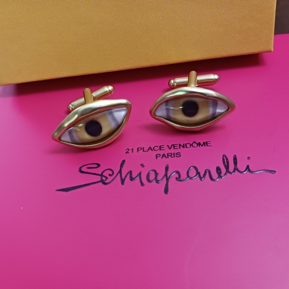 Schiaparelli Eye Cufflinks Gold and Black Signed Made In FRANCE SET OF 2 PIECES